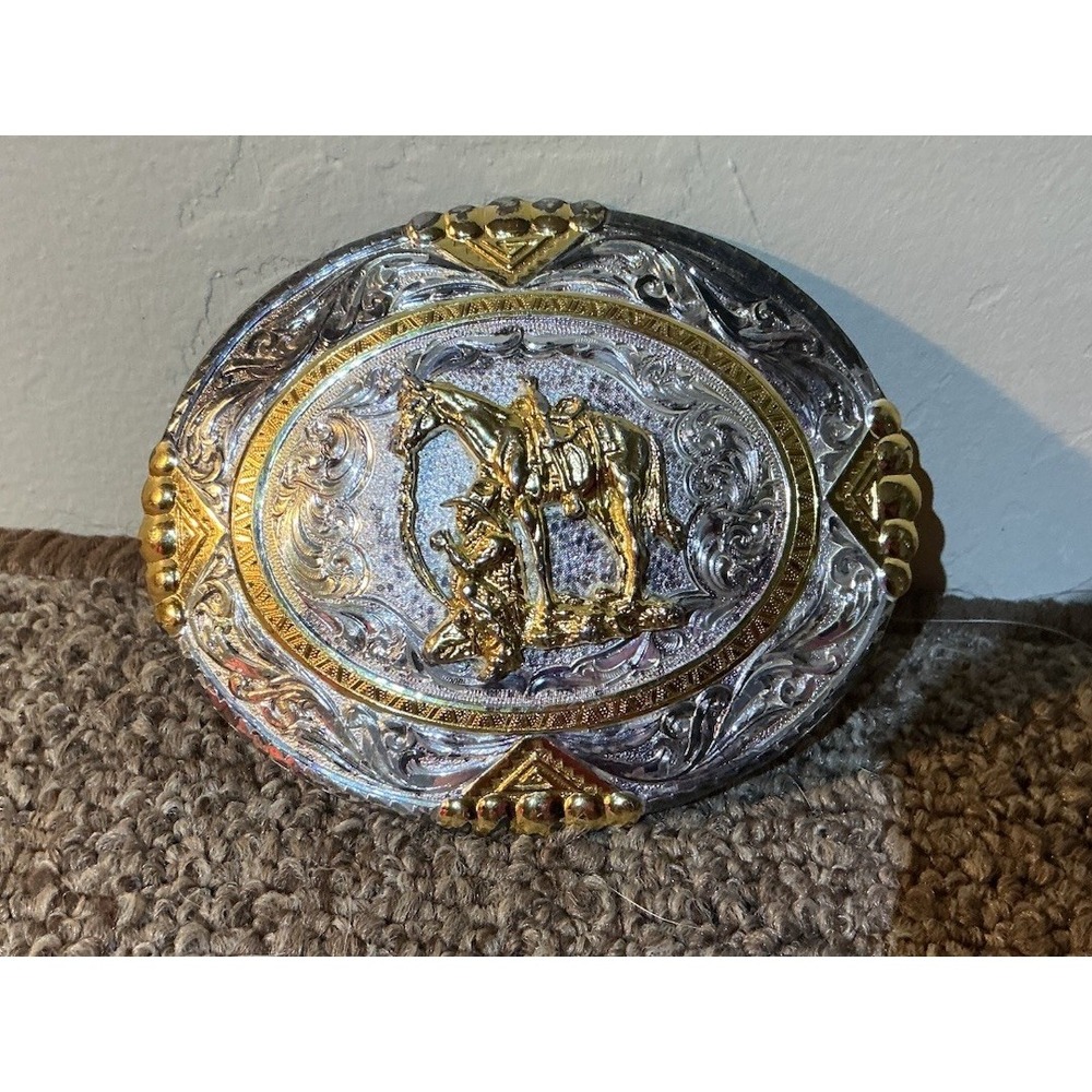 Montana Silversmith Kneeling Cowboy Horse Belt Buckle Silver Gold Tone 84978L16